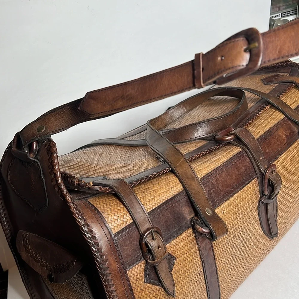 Leather Tightly Woven Wicker Extra Large Double Handle Shoulder Strap Travel Bag